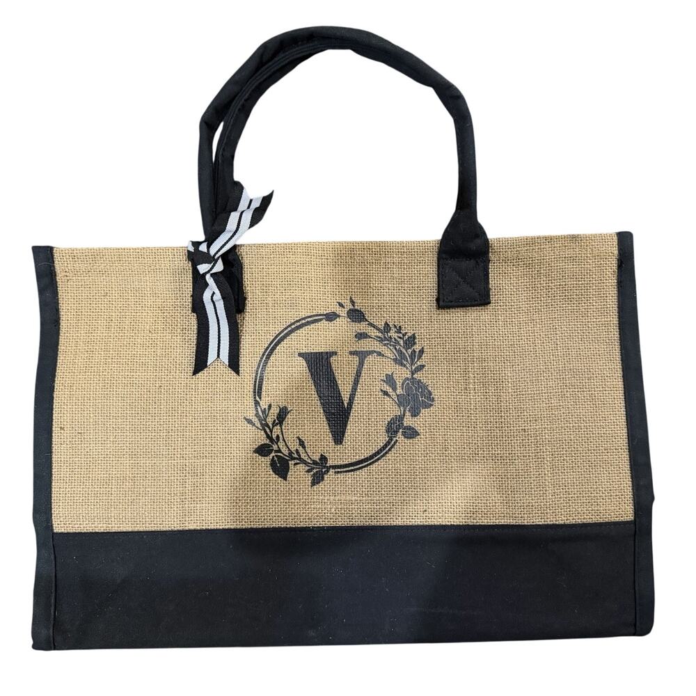 Personalized Initial V Jute Burlap Bag Tote Monogrammed Black Tan